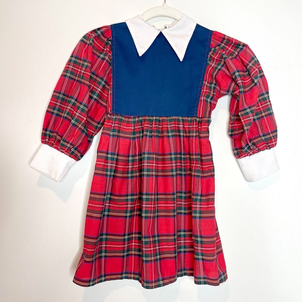 Vintage 70s Plaid Girls Dress Sz 5 Preppy Academia Tartan Puff Sleeve